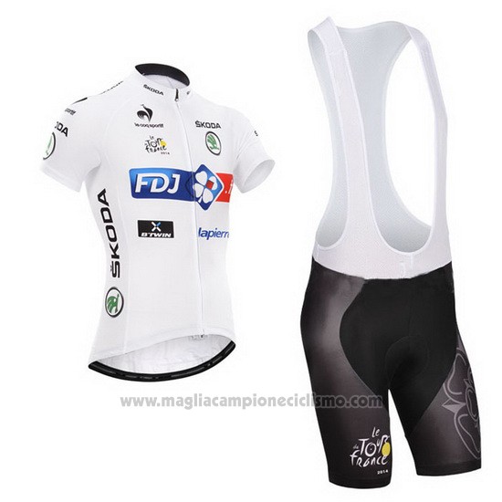 2014 Abbigliamento Ciclismo FDJ Lider Bianco Manica Corta e Salopette